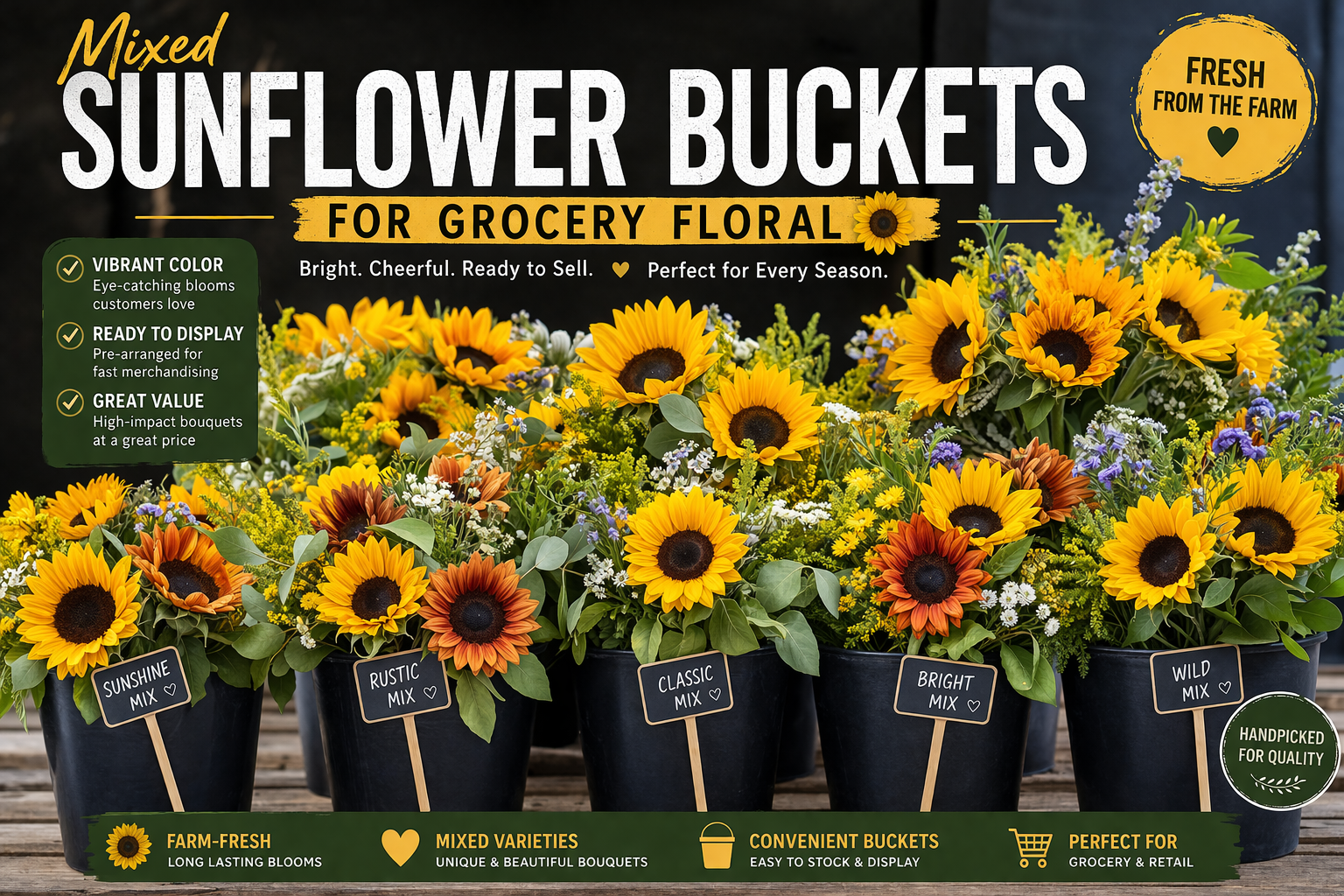 Mixed sunflower buckets for grocery floral